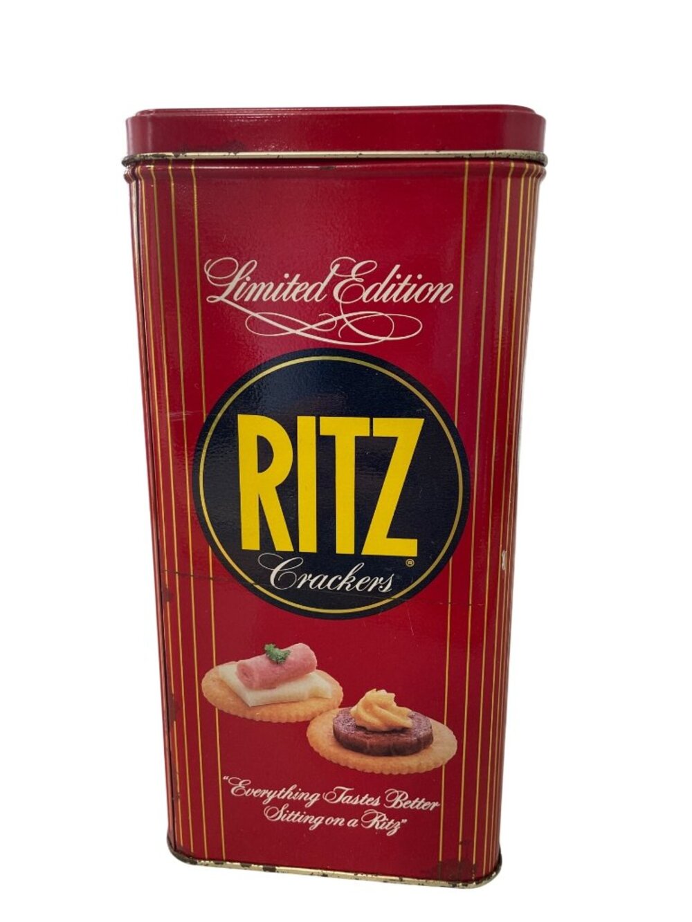 Vintage 80s Ritz Limited Edition Crackers Tin 16 oz Red Yellow Retro Storage